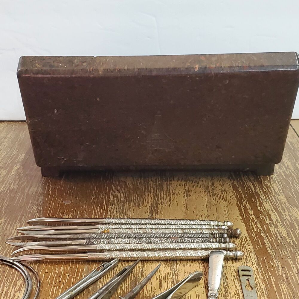 Antique Art Deco Bakelite Box Leather Awls Curved Sewing Needles Tweezers Picks - Picture 10 of 16